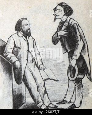 Caricature of the speeches of the Russian anti-democratic press against Alexander Ivanovich Herzen (1812 - 1870) Russian writer and thinker known as the 'Father of Russian socialism'. From the drawing by A. Yushanov. (Under the caricature there is a caption: You are not angry with me, Alexander Ivanovich, I respect you from the bottom of my heart and consider you an honest person, but now I speak against you, it is only from a commercial calculation: you know, your shirt is closer to your body. ) Stock Photo