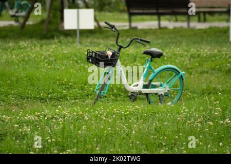A green bicycle with cargo basket is parked on lawn in Qinglonghu Park, China Stock Photo