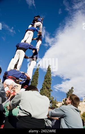 Castellers performing in Plaza Octavia in Sant Cugat del Valles in the province of Barcelona in Catalonia Spain Stock Photo