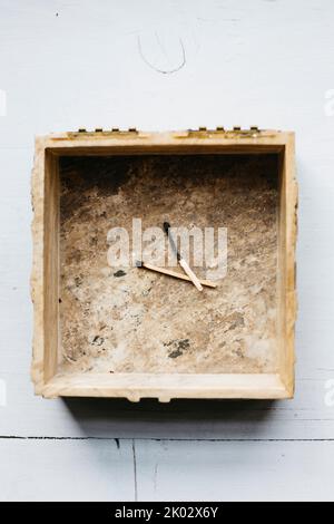 Wooden box with two burned matches Stock Photo