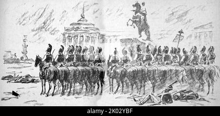 B. Khotimsky. Island-Monument to Cavalrymen, an Illustration. 19th century Russian army. Stock Photo