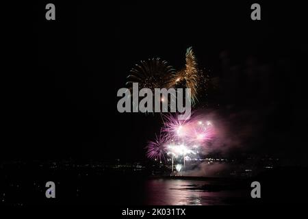 A colorful firework display from the 2021 British firework championships held at Plymouth, Devon. Stock Photo