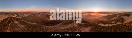 Germany, Thuringia, Großbreitenbach, Wildenspring, landscape, valleys, village, fields, sunrise, partly backlight, aerial photo, 360° panorama Stock Photo