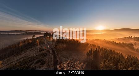 Germany, Thuringia, Großbreitenbach, Wildenspring, landscape, Schwarza valley fog, sunrise, backlight, aerial photo Stock Photo