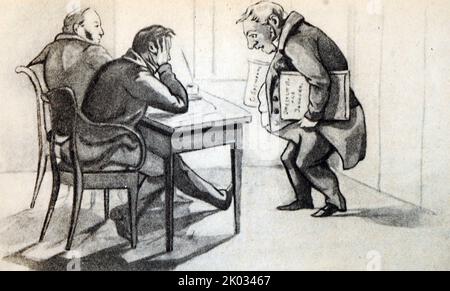 Agent Bulgarin brings a denunciation to the Third Section on the Sovremennik and Otechestvennye Zapiski magazines. Caricature of 1848. Stock Photo