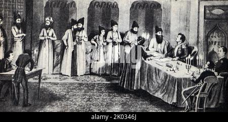 1882. Conclusion of peace between Russia and Iran. Second from the right is A. S. Griboyedov. ' Griboedov or Sergeyevich Griboyedov; 15 January 1795 - 11 February 1829, formerly Romanised as Alexander Sergeyevich Griboyedoff, was a Russian diplomat, playwright, poet, and composer. He is recognized as homo unius libri, a writer of one book, whose fame rests on the verse comedy Woe from Wit or The Woes of Wit. He was Russia's ambassador to Qajar Persia, where he and all the embassy staff were massacred by an angry mob as a result of the rampant anti-Russian sentiment that existed through Russia' Stock Photo