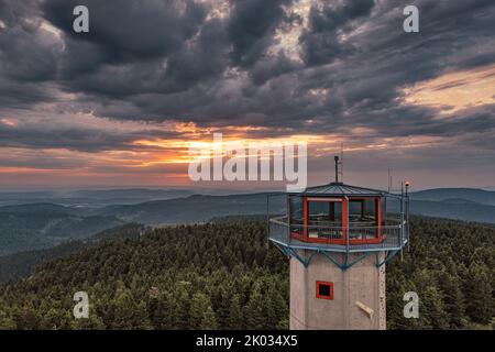 Germany, Thuringia, Suhl, Gehlberg, Schneekopf (second highest mountain in Thuringian Forest), lookout and climbing tower, forest, mountains Stock Photo