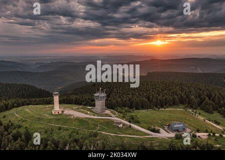 Germany, Thuringia, Suhl, Gehlberg, Schneekopf (second highest mountain of Thuringian Forest), observation and climbing tower, telecommunication tower, hut, forest, mountains, overview, aerial photo Stock Photo