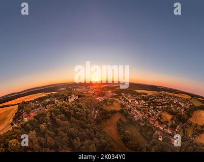 Germany, Thuringia, Kranichfeld, ruin, upper castle, city, Ilmtal, Stedten (right far in background), sunrise, overview, partly backlight, hemisphere panorama Stock Photo