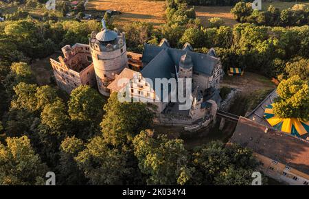 Germany, Thuringia, Kranichfeld, ruin, upper castle, houses, morning light Stock Photo