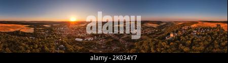 Germany, Thuringia, Kranichfeld, ruin, upper castle, city, forest, mountains, Ilm valley, sunrise, overview, partly backlight, 360° panorama Stock Photo