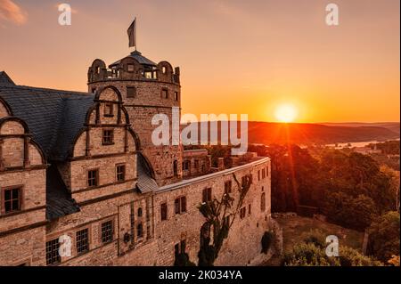 Germany, Thuringia, Kranichfeld, ruin, upper castle, tower, sunrise, back light Stock Photo