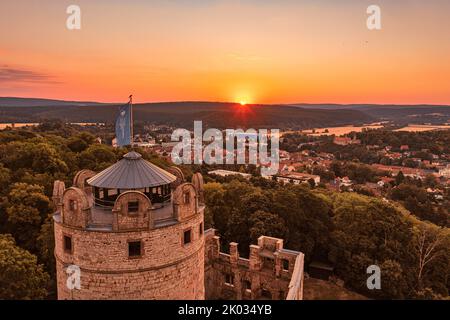 Germany, Thuringia, Kranichfeld, ruin, upper castle, tower, sunrise, back light Stock Photo