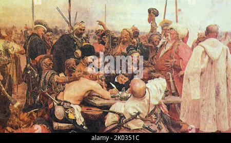 Reply of the Zaporozhian Cossacks to Sultan Mehmed IV of the Ottoman Empire, also known as Cossacks of Saporog are drafting a Manifesto (painting by Russian artist Ilya Repin 1891). Reply of the Zaporozhian Cossacks depicts a supposedly historical tableau, set in 1676, and based on the legend of Cossacks sending an insulting reply to an ultimatum from the Sultan of the Ottoman Empire, Mehmed IV. Stock Photo