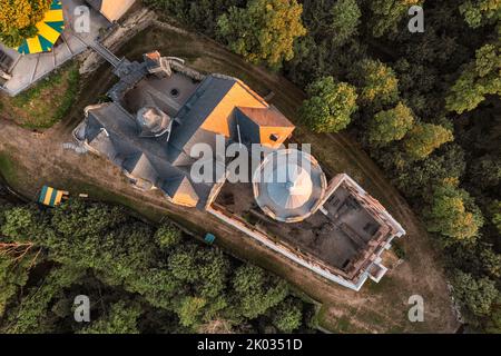 Germany, Thuringia, Kranichfeld, ruin, upper castle, houses, top view, aerial view Stock Photo