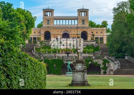 Equestrian statue Frederick the Great and Orangery Palace, Sanssouci Park, Potsdam, Brandenburg, Germany Stock Photo