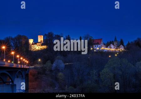 View of Grünwald with Grünwalder Castle and Grünwalder Bridge at night, Isar Valley, Grünwald, Munich County, Upper Bavaria, Bavaria, Germany, Europe Stock Photo