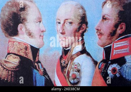 Leaders of the states of the sacred union (from left to right): Russian Emperor Alexander I, Austrian Emperor Franz I, King of Prussia Friedrich Wilhelm III.