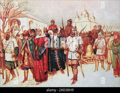 The conquest of Novgorod by Ivan III in 1478. Deportation of Martha Posadnitsa, noble Novgorodians and the veche bell to Moscow. Artist A. D. Kivshenko.