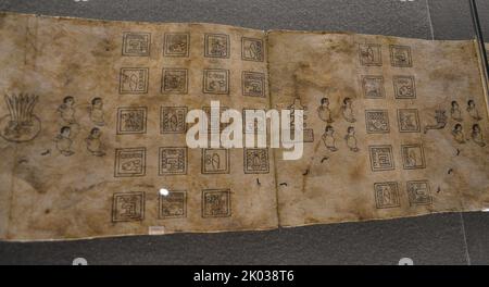 Facsimile of the Boturini Codex in Amate Paper. Tira de la Peregrinacion de los aztecas. Artisan work  of the Boturini Codex. Stock Photo