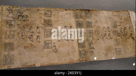 Facsimile of the Boturini Codex in Amate Paper. Tira de la Peregrinacion de los aztecas. Artisan work  of the Boturini Codex. Stock Photo