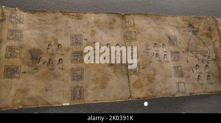 Facsimile of the Boturini Codex in Amate Paper. Tira de la Peregrinacion de los aztecas. Artisan work  of the Boturini Codex. Stock Photo