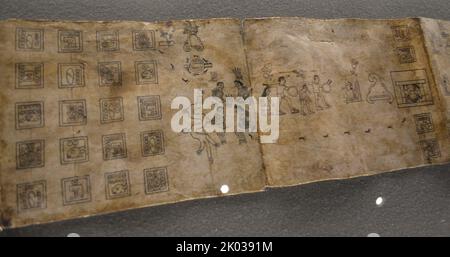 Facsimile of the Boturini Codex in Amate Paper. Tira de la Peregrinacion de los aztecas. Artisan work  of the Boturini Codex. Stock Photo