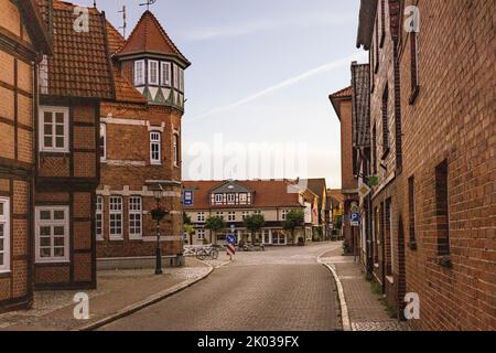 The historic town center of Hitzacker with its small alleys in summer Stock Photo