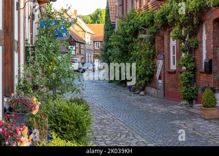 The historic town center of Hitzacker with its small alleys in summer Stock Photo