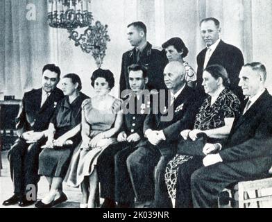 N. S. Khrushchev and L. I. Brezhnev among the relatives and friends of Gherman Stepanovich Titov (1935 - 2000) Soviet cosmonaut who, on 6 August 1961, became the second human to orbit the Earth. Stock Photo