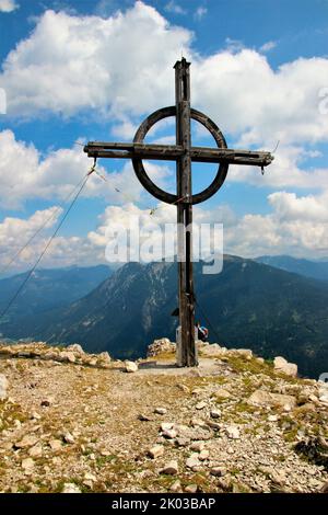 View of the Seekarspitze (2053m) with summit cross, at the Achensee, alpine panorama, Tyrol, Austria Stock Photo