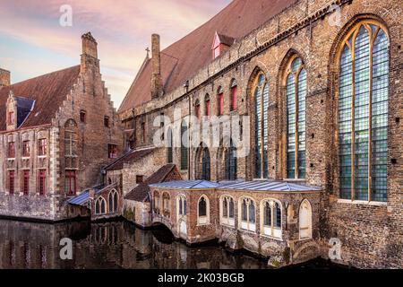 View from St. Mary's Bridge to the Sint-Janshospitaal. Bruges, Flanders, Belgium. Stock Photo
