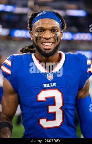 Chicago, United States. 24th Dec, 2022. Buffalo Bills safety Damar Hamlin  (3) celebrates a fumble recovery by teammate Tim Settle during the Bills  35-13 Christmas Eve win over the Chicago Bears at