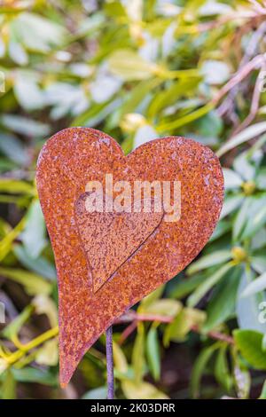 Garden decoration, heart shaped metal garden plug, rusty metal heart Stock Photo