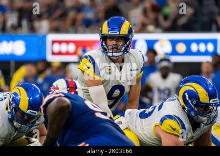 INGLEWOOD, CA - SEPTEMBER 08: Los Angeles Rams quarterback Matthew Stafford  (9) rolls out of the pocket during the NFL game between the Buffalo Bills  and the Los Angeles Rams on September