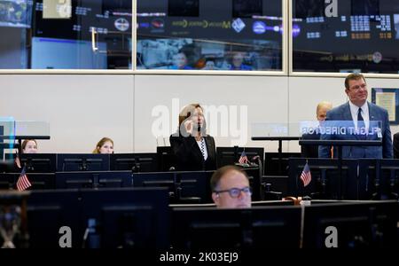 Houston, USA. 09th Sep, 2022. Vice President Kamala Harris speaks to the International Space Station when visiting the NASA Johnson Space Center in Houston, Texas, USA, 09 September 2022. Credit: Sipa USA/Alamy Live News Stock Photo