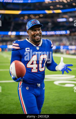 Inglewood, United States. 08th Sep, 2022. Buffalo Bills wide receiver  Stefon Diggs (14) has words with Los Angeles Rams cornerback Jalen Ramsey  (5) after scoring a touchdown during a NFL game, Thursday