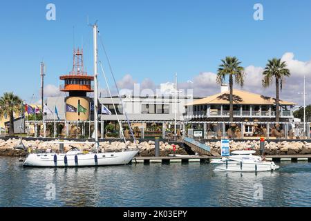 Vilamoura marina, with yachts and boats berthed at the marina, Algarve, Portugal. Stock Photo