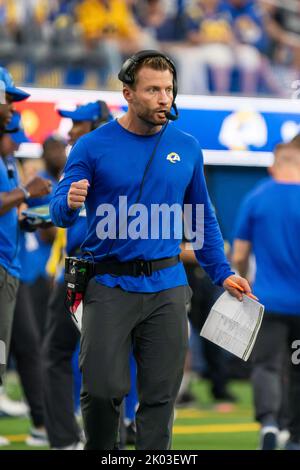 Inglewood, United States. 13th Feb, 2022. Sunday, February 13, 2022, 2022;  Inglewood, CA USA; Los Angeles Rams head coach Sean McVay looks up to see a  replay on the Jumbotron during Super