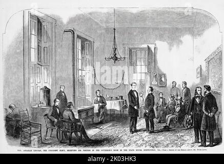 Hon. Abraham Lincoln, the President Elect, receiving his visitors in the Governor's room in the State House, Springfield, Illinois, November 1860. 19th century illustration from Frank Leslie's Illustrated Newspaper Stock Photo