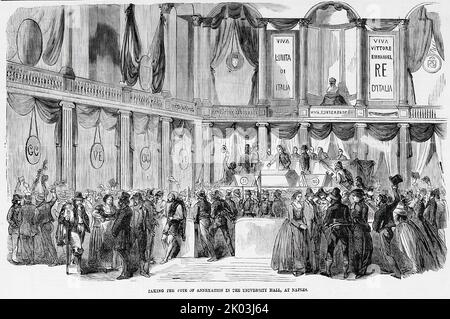 Taking the vote of annexation in the University Hall, at Naples, Italy (1860). 19th century illustration from Frank Leslie's Illustrated Newspaper Stock Photo