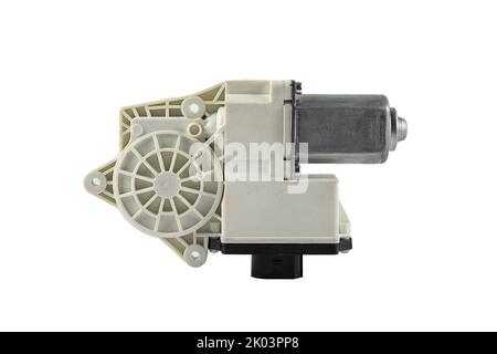 Motor, door window. Electric window mechanism motor for a car on a white isolated background. Automotive spare parts catalog. Stock Photo