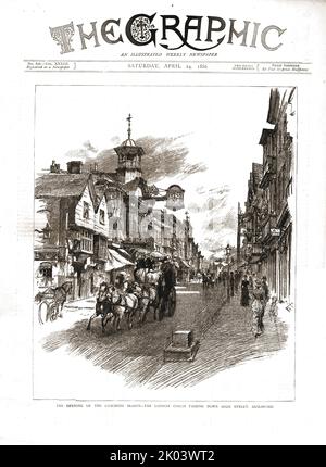 'The Graphic, Front Cover April 24th.1886', 1886. The coaching season. The London coach passing down High Street, Guildford. From &quot;The Graphic. An Illustrated Weekly Newspaper Volume 33. January to June, 1886&quot; Stock Photo