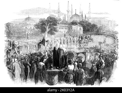 Procession of the Sultan at the Festival of the Bairam, Constantinople, 1854. 'In Turkey, the long month's fast of Ramazan (the Mahomedan Lent), is succeeded by the Bairam, which presents three days of unmixed festivity...Before five o'clock the procession left the summer palace, and...the Sovereign listened to the sunrise prayer after the custom sanctioned by centuries of usage...[View of] the procession...to the Mosque of Achmet...The Sultan is preceded and followed by the Imperial Guards...At every row or file of Imperial Guards is an officer of the army, in short jacket, epaulettes, braide Stock Photo