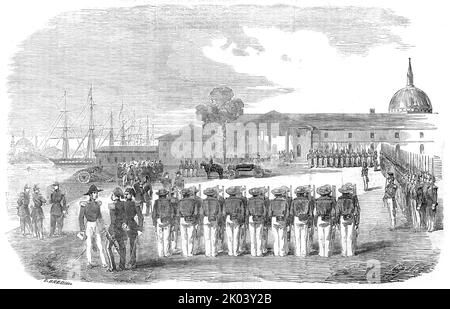 Honours paid to the remains of Captain Hyde Parker, by the English, French and Turkish Troops - from a sketch by Lieutenant Bredin, 1854. Crimean War: Hyde Parker, in command of Royal Navy ship Firebrand, was killed while leading on his men to the storm of a Russian fortification at the Sulina mouth of the Danube. He '...had fired his rifle once, and struck down a Cossack, and was reloading, when a volley of balls fell around, one of which pierced his heart. He fell into the arms of his coxswain, and in a moment this noble and gallant sailor had ceased to live'. View of '...honours paid to Cap Stock Photo