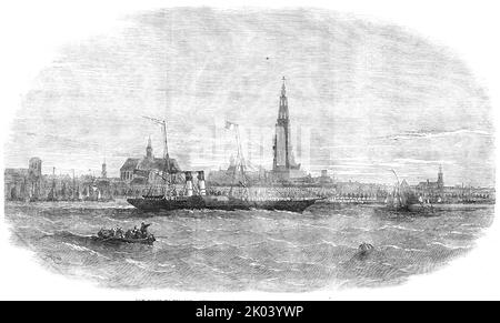 New Route to Belgium - &quot;The Aquila&quot; Steam-ship leaving Antwerp, 1854. Ship built by Henderson of Glasgow, with engines by McNab of Greenock. 'By adopting the Harwich route, the North of Europe Steam Navigation Company proposed to realise the following results: first, the avoidance of the long and tedious passage up and down the Thames; second, the increase and development of the local traffic between the Eastern Counties and Belgium; third, the accomplishment of the journey in twelve hours; thus effecting a saving...of some eight or ten hours; and, lastly, the establishment of the ne Stock Photo