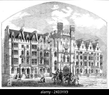 Westminster Improvements - New Houses in the Broad Sanctuary, 1854. Victorian Gothic buildings near Westinster Abbey in London, designed by Sir George Gilbert Scott. 'The mass of building consists of eight houses, one of which forms the Gate Tower to Dean's-yard...Had they not been in such close contact with the Abbey, [Scott] would, probably, have ventured upon rather a more free treatment of the style, and a less rigid adherence to ancient character...The bold Gatehouse in the centre gives the whole at first sight somewhat of the appearance of a public building; but the architect has attempt Stock Photo