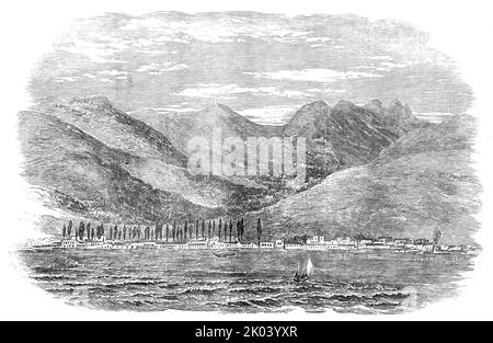 Ghelendjik Bay, Coast of Circassia, 1854. Crimean War: town on the Black Sea. 'Sketch by Lieut. Montagu O'Reilly, H.M.S. Retribution [showing] the Bay of Ghelendik, with the town and distant mountains...This place was evacuated by the Russians - destroyed and blown up by them - on the 13th of May last'. From &quot;Illustrated London News&quot;, 1854. Stock Photo