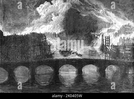 The Great Fires, at Newcastle and Gateshead - sketched from the High-Level Bridge, 1854. Massive explosion after a warehouse fire. 'From the various floors...huge masses of melted tallow and lead flowed in copious streams. The eight storied edifice was one mass of flame, and from every landing melted sulphur and tallow and fused lead were descending in luminous showers. It resembled a cataract on fire...Burning brands were then scattered over the roofs of the adjoining houses, and widely extended the conflagration...The quay on the Newcastle side of the river was literally strewed with burning Stock Photo