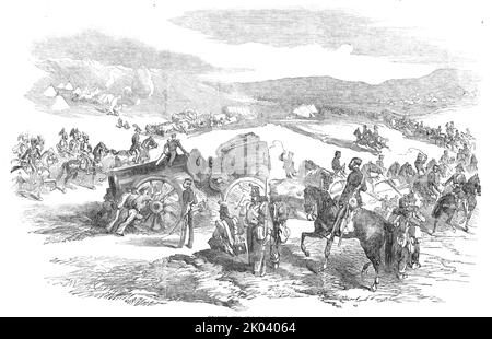 Heaving Guns, at Balaclava, 1854. Crimean War. British soldiers  in the Crimea, engaged in the '...heaving of the siege train...we must remember that the work is not half done when the guns and ammunition have been landed. After that there are still several miles of a rough hilly road to travel, and that, too, with very imperfect means of transit. It may easily be conceived, therefore, that the conveyance of 150 or 200 large guns, with the supplies of powder, shell-cases, and enormous round-shot required tor a week's operations, must have taken a long time. If we add to all these the gabions, Stock Photo